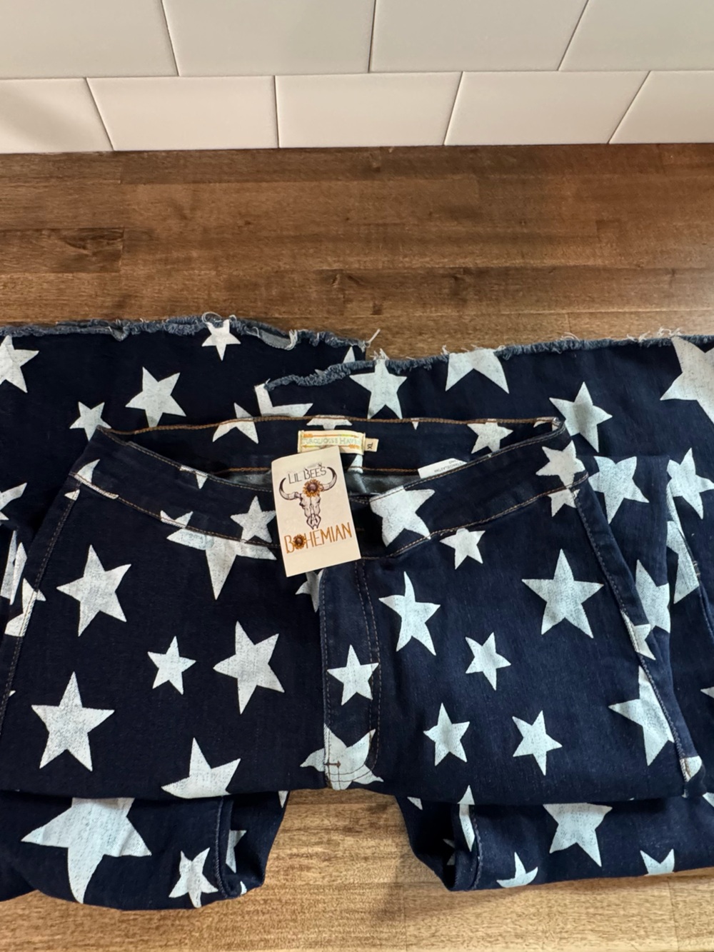 NEW Star Print Denim Bell Bottom Jeans - Dark Denim with White Stars